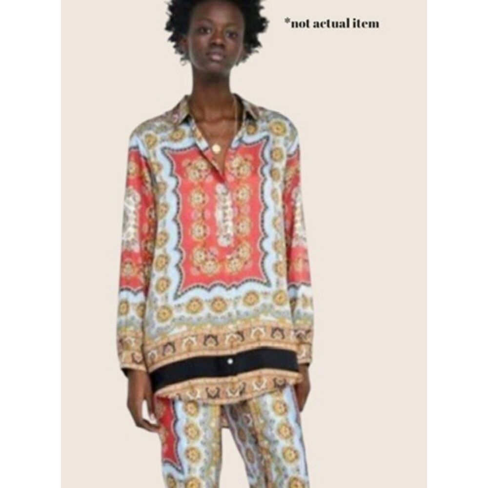 ⚜️ ZARA PAISLEY SCARF PRINTED LONG SLEEVE BUTTON BLOUSE RED BLUE BLACK LARGE
